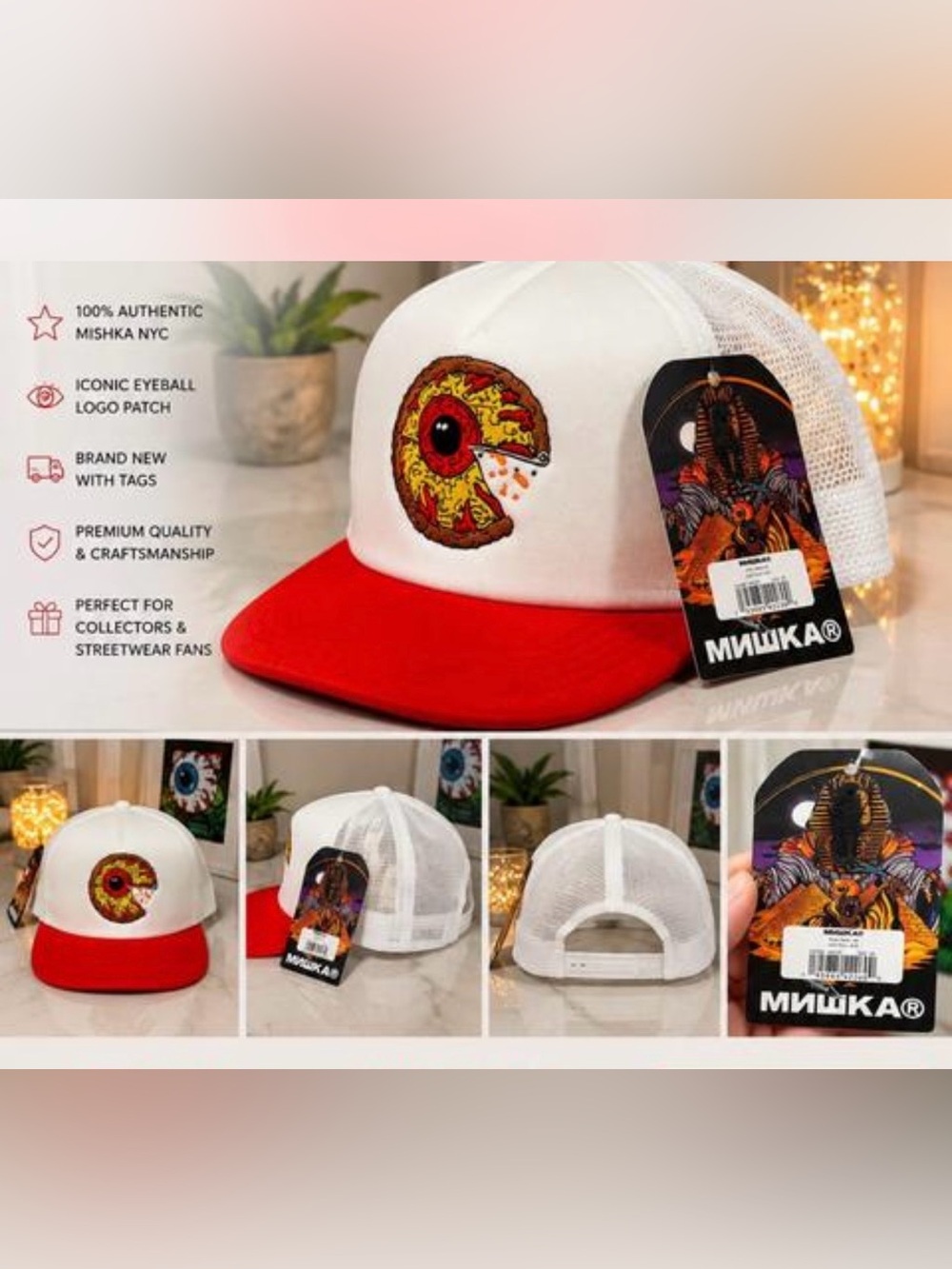 Mishka Trucker Cap Hat With Embroidered ‘Keep Watch’ Eye White/Red One Size